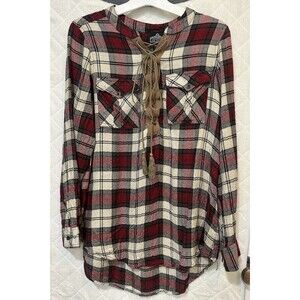 Angie Plaid Lace-Up Tunic Top Women’s Size S Red Cream Long Sleeve Western Boho